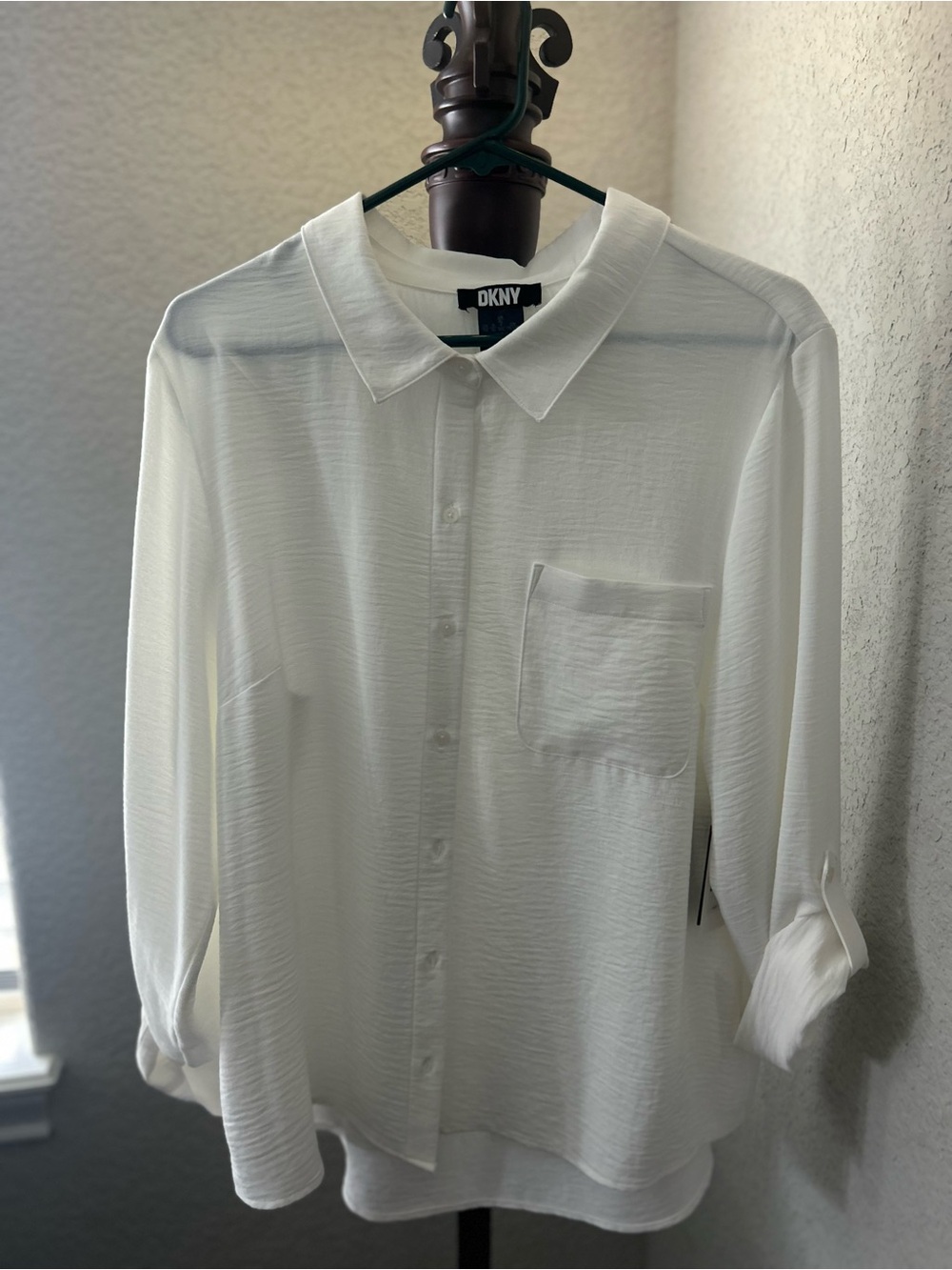 DKNY White Button-Front Blouse with Chest Pocket